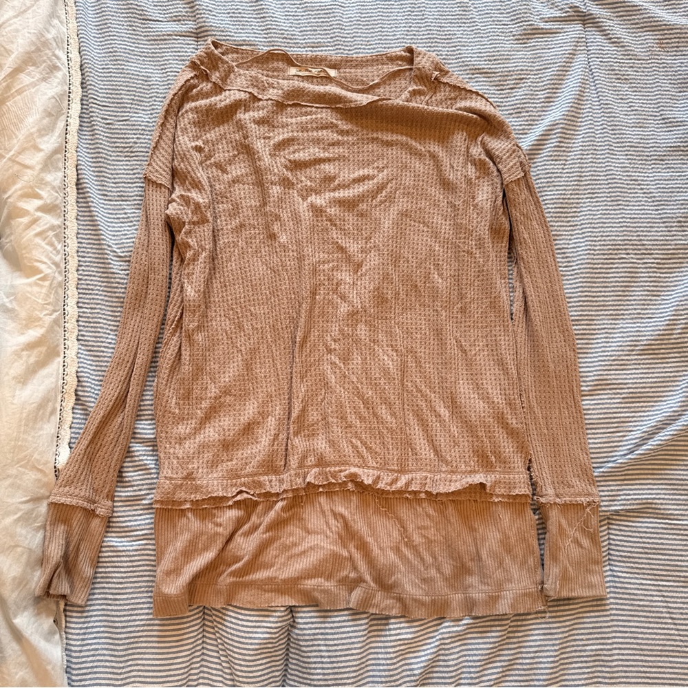 Free People Light Taupe Layered Waffle Long Sleeve Top